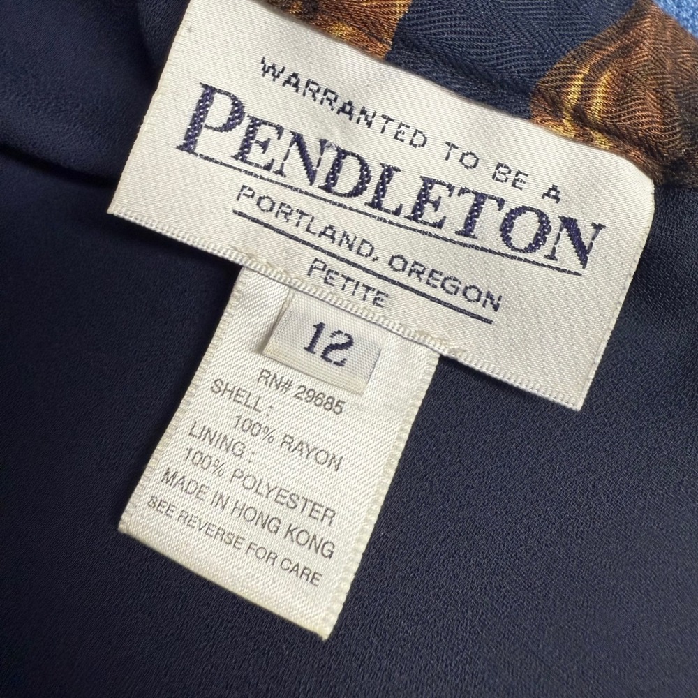Pendleton Petite Equestrian Print Midi Skirt Navy Blue Horse Saddle Rayon Sz 12 - Picture 3 of 12
